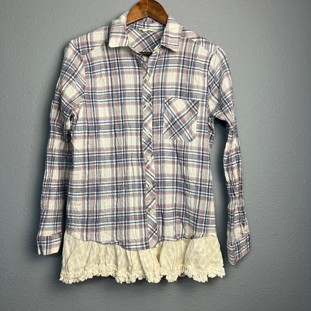 ODDI Plaid Tunic Top Cottagecore Prairie Med Long Sleeve Button Down Lace Hem